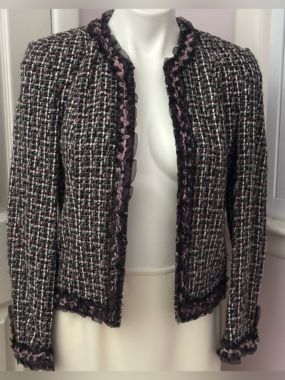 PECK & PECK Purples Black White Tweed Lace 5 Hooks Front Closure Jacket Sz 10P